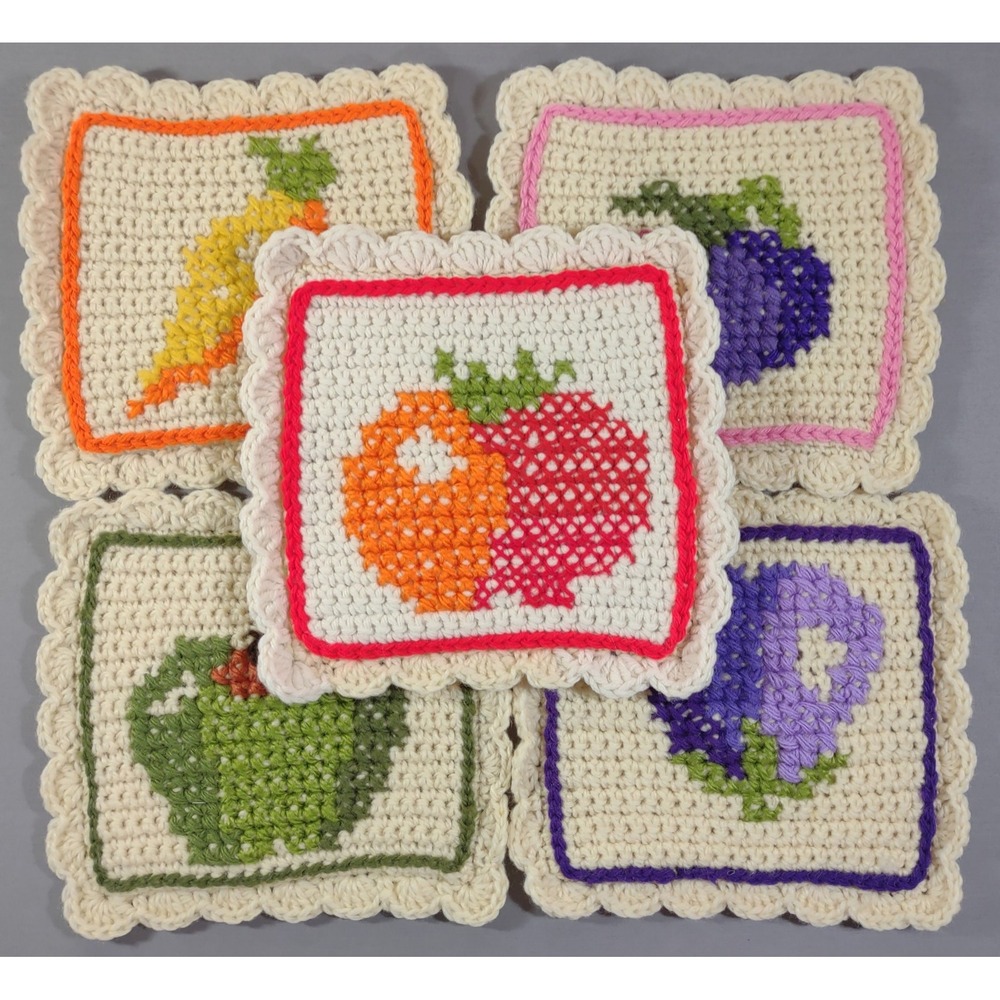 Vintage Handmade Crochet Potholders Set of 5 Fruit Vegetable Cottagecore Trivets